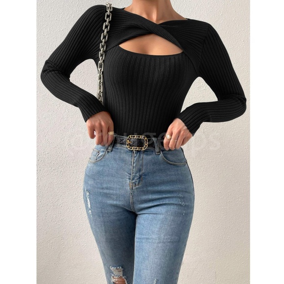 Black Rib Knit Cut Out Keyhole Twisted Detail Long Sleeve Light Sweater Top - Picture 11 of 14